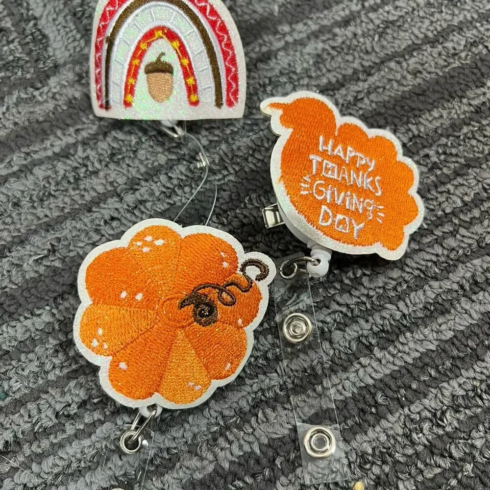 Thanksgiving Retractable Badge Reel Set | 3 Embroidered Fall Nurse ID: rainbow
